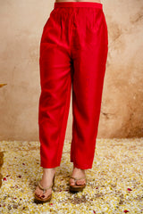 Women’s Red Embroidered Chanderi V-Neck Kurta Pant Dupatta Set