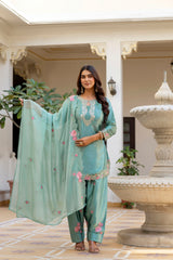 Women’s Embroidered Japan Satin Kurta Patiala Set with Dupatta – Off White, Coffee & Pista