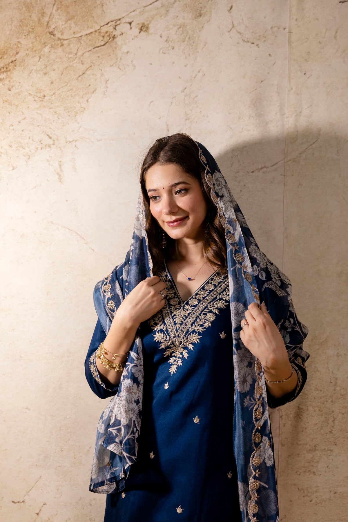 Women’s Petrol Embroidered Straight Kurta Pant Set with V-Neck & Digital Printed Tebby Dupatta