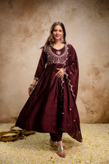 Women’s Traditional Embroidered Vichitra Silk Anarkali Kurta Set with Dupatta & Pant – Flared Festive Wear