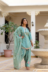 Women’s Embroidered Japan Satin Kurta Patiala Set with Dupatta – Off White, Coffee & Pista