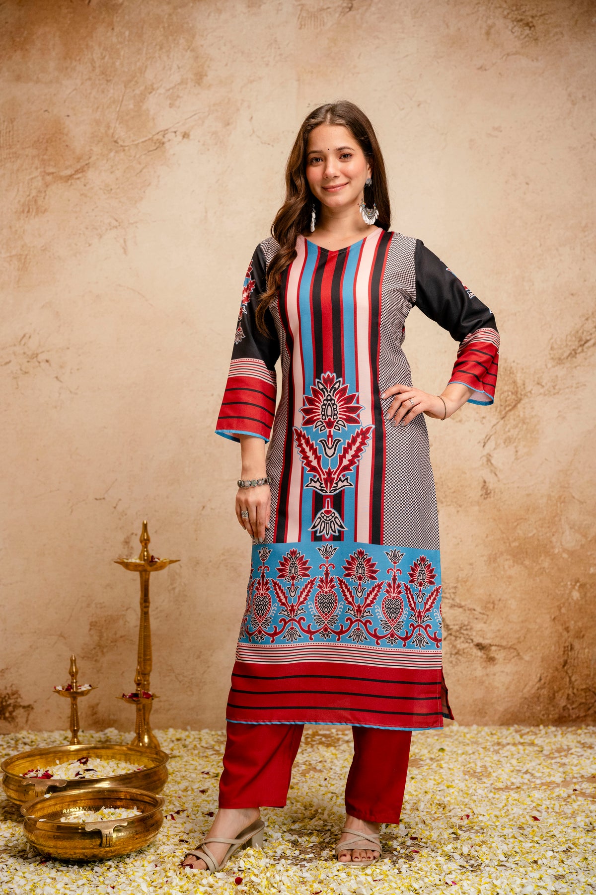 Women’s Multicolor Printed Rayon A-Line Kurta Set with Pant & Mul Cotton Dupatta