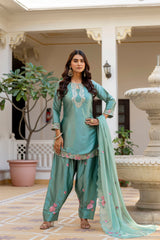 Women’s Embroidered Japan Satin Kurta Patiala Set with Dupatta – Off White, Coffee & Pista