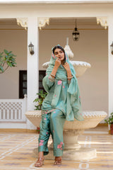 Women’s Embroidered Japan Satin Kurta Patiala Set with Dupatta – Off White, Coffee & Pista