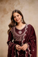 Women’s Traditional Embroidered Vichitra Silk Anarkali Kurta Set with Dupatta & Pant – Flared Festive Wear