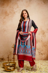 Women’s Multicolor Printed Rayon A-Line Kurta Set with Pant & Mul Cotton Dupatta