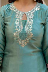 Women’s Embroidered Japan Satin Kurta Patiala Set with Dupatta – Off White, Coffee & Pista