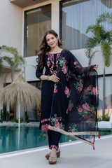 Women’s Yellow Embroidered D Chinon Kurti Pant Dupatta Set with Printed Tebby Silk Dupatta