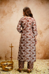 Printed Magic Cotton Straight Kurta Set for Women with Embroidered V-Neckline & Dupatta