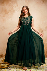 Women’s Dark Green Embroidered Georgette Anarkali Maxi Dress with Cape