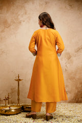 Women’s Yellow Chanderi Embroidered Flared Anarkali Kurta Pant Set with Dupatta