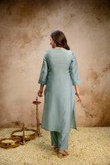 Women's Sea Green Embroidered Roman Silk Kurta Pant Dupatta Set