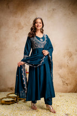 Women’s Traditional Embroidered Vichitra Silk Anarkali Kurta Set with Dupatta & Pant – Flared Festive Wear