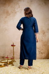 Women’s Petrol Embroidered Straight Kurta Pant Set with V-Neck & Digital Printed Tebby Dupatta