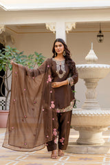 Women’s Embroidered Japan Satin Kurta Patiala Set with Dupatta – Off White, Coffee & Pista