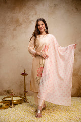 Women’s Cream Soft Assam Silk Floral Printed Kurta Pant Set with Teby Digital Print Dupatta