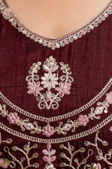 Women’s Traditional Embroidered Vichitra Silk Anarkali Kurta Set with Dupatta & Pant – Flared Festive Wear