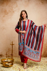 Women’s Multicolor Printed Rayon A-Line Kurta Set with Pant & Mul Cotton Dupatta
