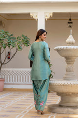 Women’s Embroidered Japan Satin Kurta Patiala Set with Dupatta – Off White, Coffee & Pista