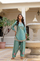 Women’s Embroidered Japan Satin Kurta Patiala Set with Dupatta – Off White, Coffee & Pista