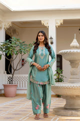 Women’s Embroidered Japan Satin Kurta Patiala Set with Dupatta – Off White, Coffee & Pista