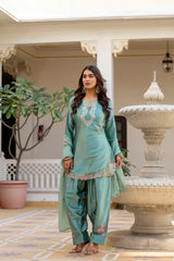 Women’s Embroidered Japan Satin Kurta Patiala Set with Dupatta – Off White, Coffee & Pista