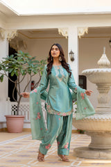 Women’s Embroidered Japan Satin Kurta Patiala Set with Dupatta – Off White, Coffee & Pista