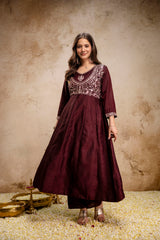 Women’s Traditional Embroidered Vichitra Silk Anarkali Kurta Set with Dupatta & Pant – Flared Festive Wear