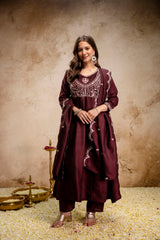 Women’s Traditional Embroidered Vichitra Silk Anarkali Kurta Set with Dupatta & Pant – Flared Festive Wear