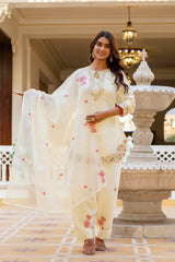 Women’s Embroidered Japan Satin Kurta Patiala Set with Dupatta – Off White, Coffee & Pista