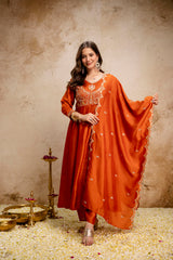 Women’s Traditional Embroidered Vichitra Silk Anarkali Kurta Set with Dupatta & Pant – Flared Festive Wear