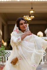 Women’s Embroidered Japan Satin Kurta Patiala Set with Dupatta – Off White, Coffee & Pista