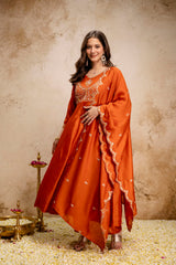 Women’s Traditional Embroidered Vichitra Silk Anarkali Kurta Set with Dupatta & Pant – Flared Festive Wear