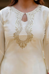 Women’s Embroidered Japan Satin Kurta Patiala Set with Dupatta – Off White, Coffee & Pista