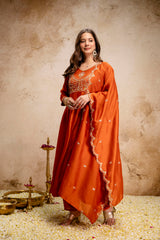 Women’s Traditional Embroidered Vichitra Silk Anarkali Kurta Set with Dupatta & Pant – Flared Festive Wear