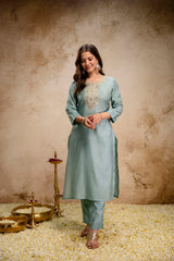 Women's Sea Green Embroidered Roman Silk Kurta Pant Dupatta Set
