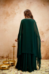 Women’s Dark Green Embroidered Georgette Anarkali Maxi Dress with Cape