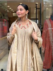 Women’s Beige Embroidered Chanderi Anarkali Kurta Pant Dupatta Set with Zari Dupatta