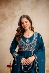 Women’s Traditional Embroidered Vichitra Silk Anarkali Kurta Set with Dupatta & Pant – Flared Festive Wear