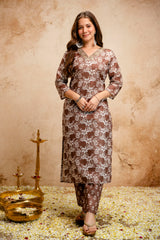 Printed Magic Cotton Straight Kurta Set for Women with Embroidered V-Neckline & Dupatta