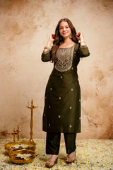 Women’s Chanderi Viscose Zari Work Kurti Pant Set with Chinon Dupatta