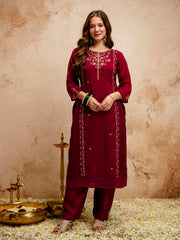 Women’s Maroon Vichitra Silk Embroidered Kurta Pant Set with Dupatta