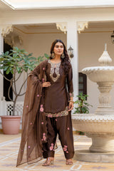 Women’s Embroidered Japan Satin Kurta Patiala Set with Dupatta – Off White, Coffee & Pista