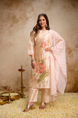 Women’s Cream Soft Assam Silk Floral Printed Kurta Pant Set with Teby Digital Print Dupatta