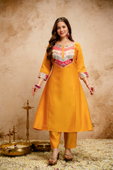 Women’s Yellow Chanderi Embroidered Flared Anarkali Kurta Pant Set with Dupatta