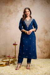 Women’s Petrol Embroidered Straight Kurta Pant Set with V-Neck & Digital Printed Tebby Dupatta