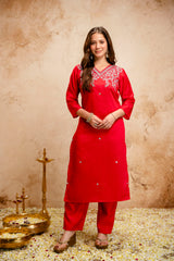 Women’s Red Embroidered Chanderi V-Neck Kurta Pant Dupatta Set