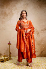 Women’s Traditional Embroidered Vichitra Silk Anarkali Kurta Set with Dupatta & Pant – Flared Festive Wear