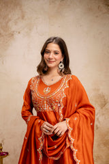 Women’s Traditional Embroidered Vichitra Silk Anarkali Kurta Set with Dupatta & Pant – Flared Festive Wear