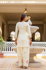 Women’s Embroidered Japan Satin Kurta Patiala Set with Dupatta – Off White, Coffee & Pista